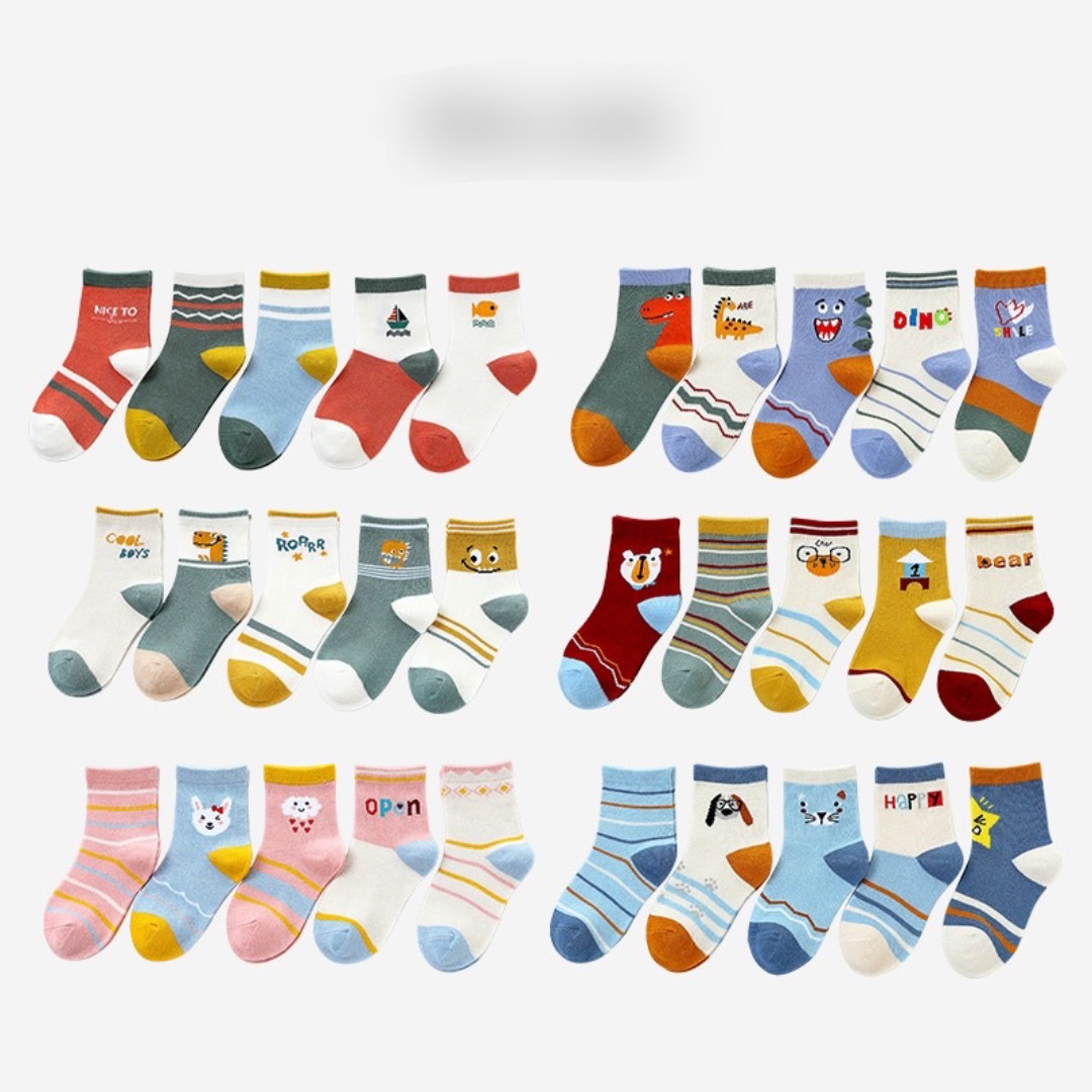 Set 5 đôi vớ Cotton thấm hút mồ hôi in họa tiết hoạt hình dễ thương cho bé 1-12 tuổi.