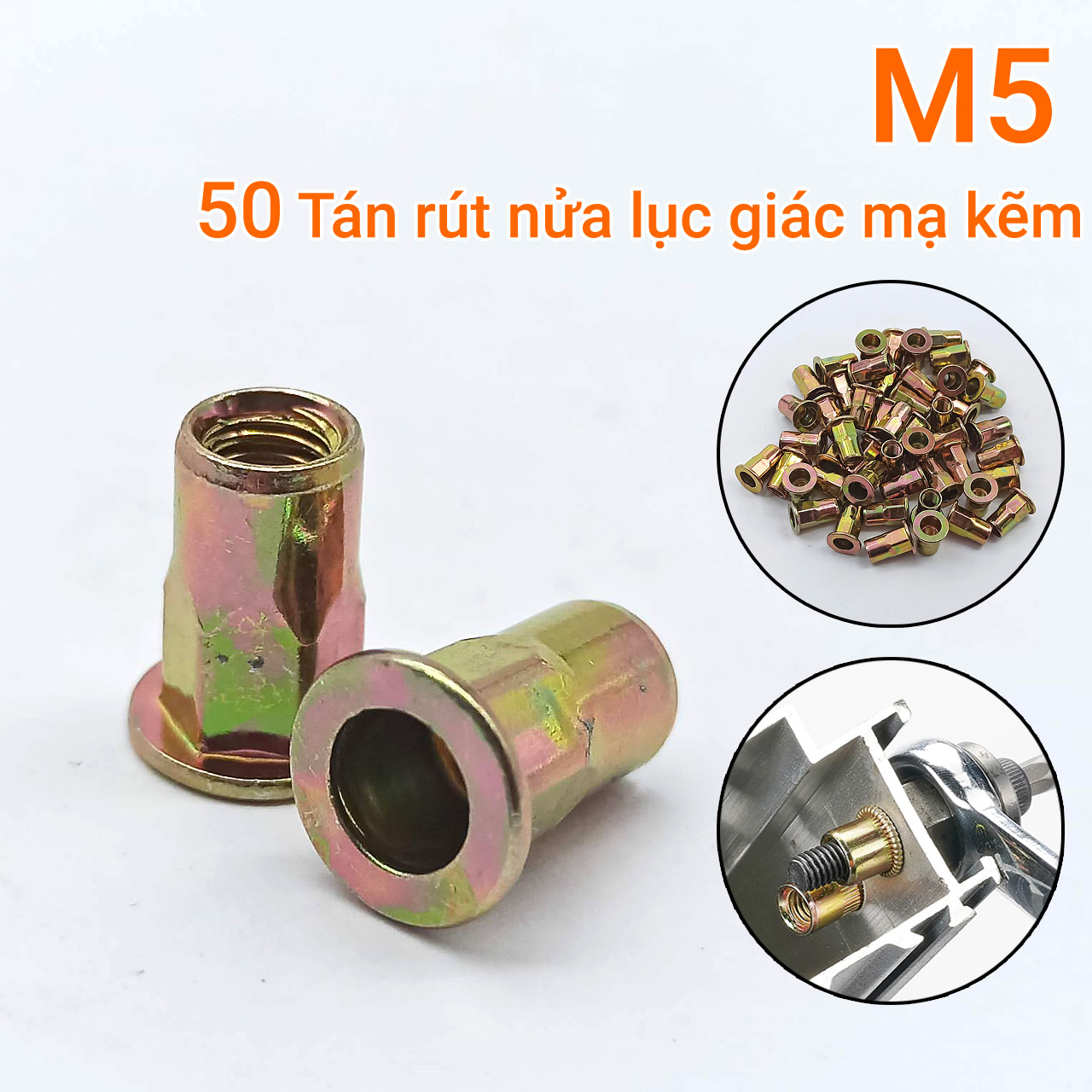 Bịch 50 con tán rút nửa lục giác M5 cao 13mm mạ kẽm bảy màu