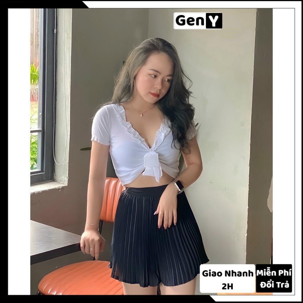 Áo Croptop Nơ Ngực GenY - Áo Croptop Kiểu Cột Thắt Nơ Trươc Ngực Siêu Xinh, Chất Vải Len Tăm Mềm Mịn