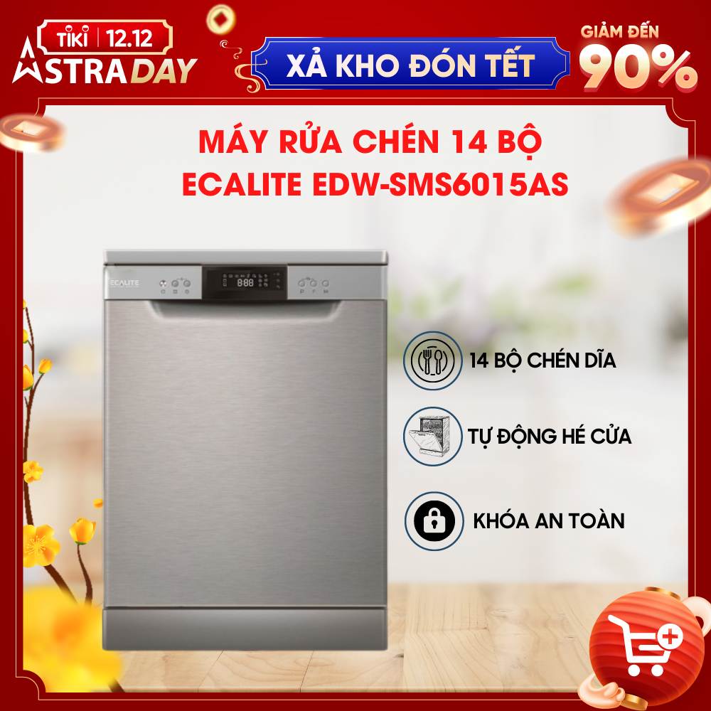 Máy Rửa Chén Độc Lập Ecalite EDW-SMS6015AS - 14 Bộ - 8 Chương Trình Rửa - Tự Động Hé Cửa - Hàng Chính Hãng