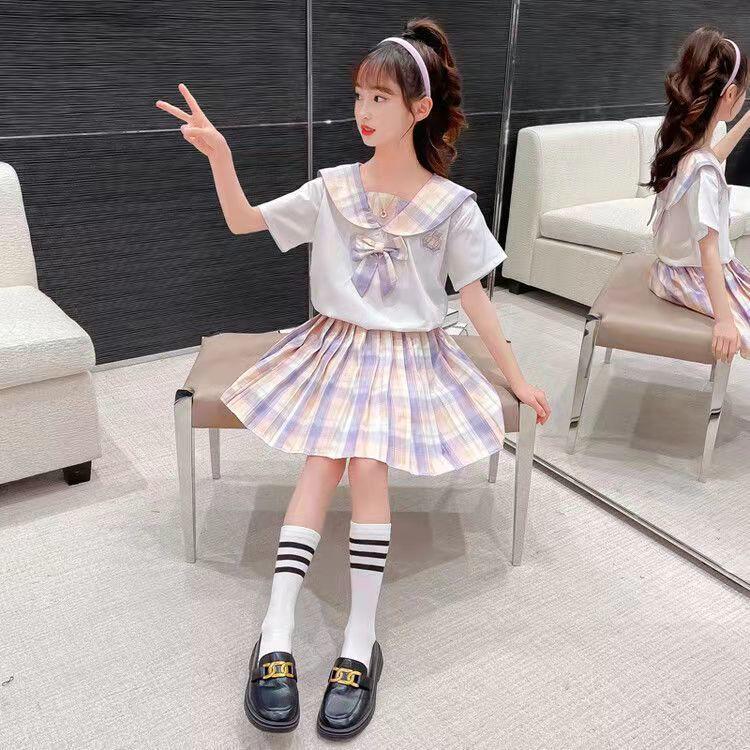 DONGSHOP HOT Cô gái JK phù hợp với váy mùa hè 2023 váy trẻ em đồng phục mùa hè đại học gió gấp váy công chúa