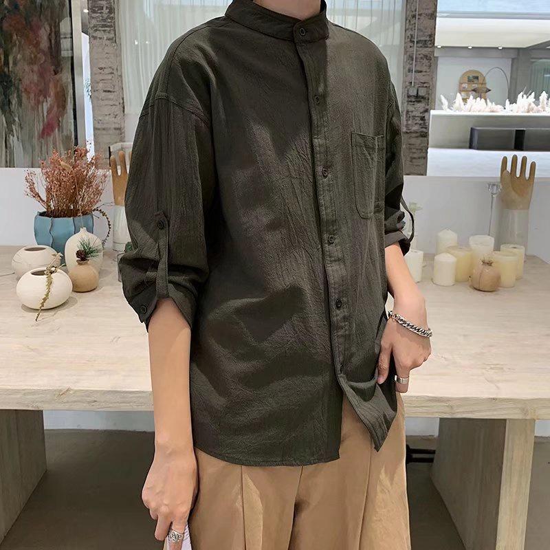 Áo Sơ Mi Cotton Lanh Tay Lỡ 3/4 Cổ Đứng 7 Màu Phong Cách Hàn Quốc Thời Trang Cho Nam M-3XL