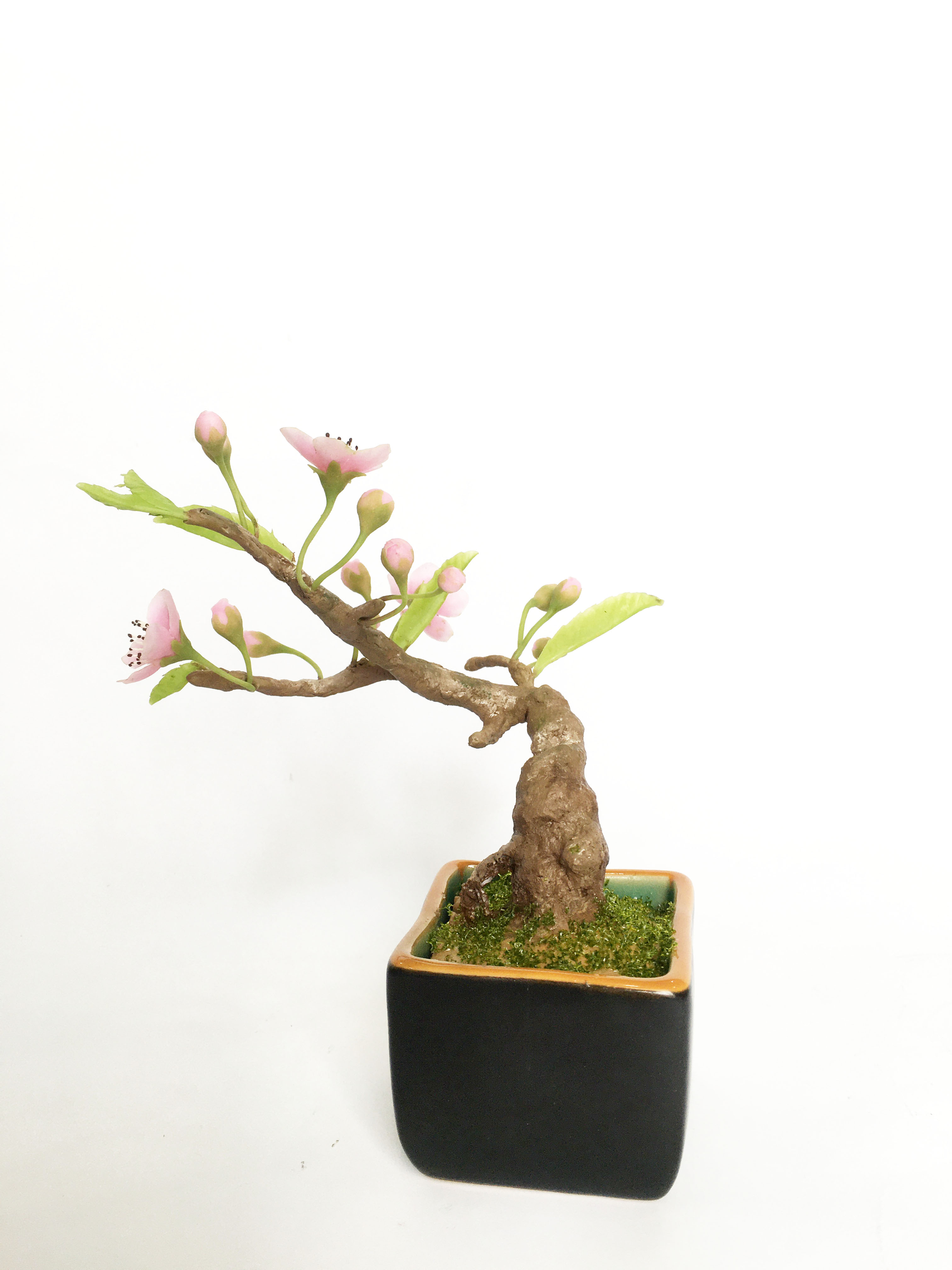 Chậu hoa đất sét mini- Bonsai hoa đào sakura - Quà tặng trang trí handmade (18x10x10cm)