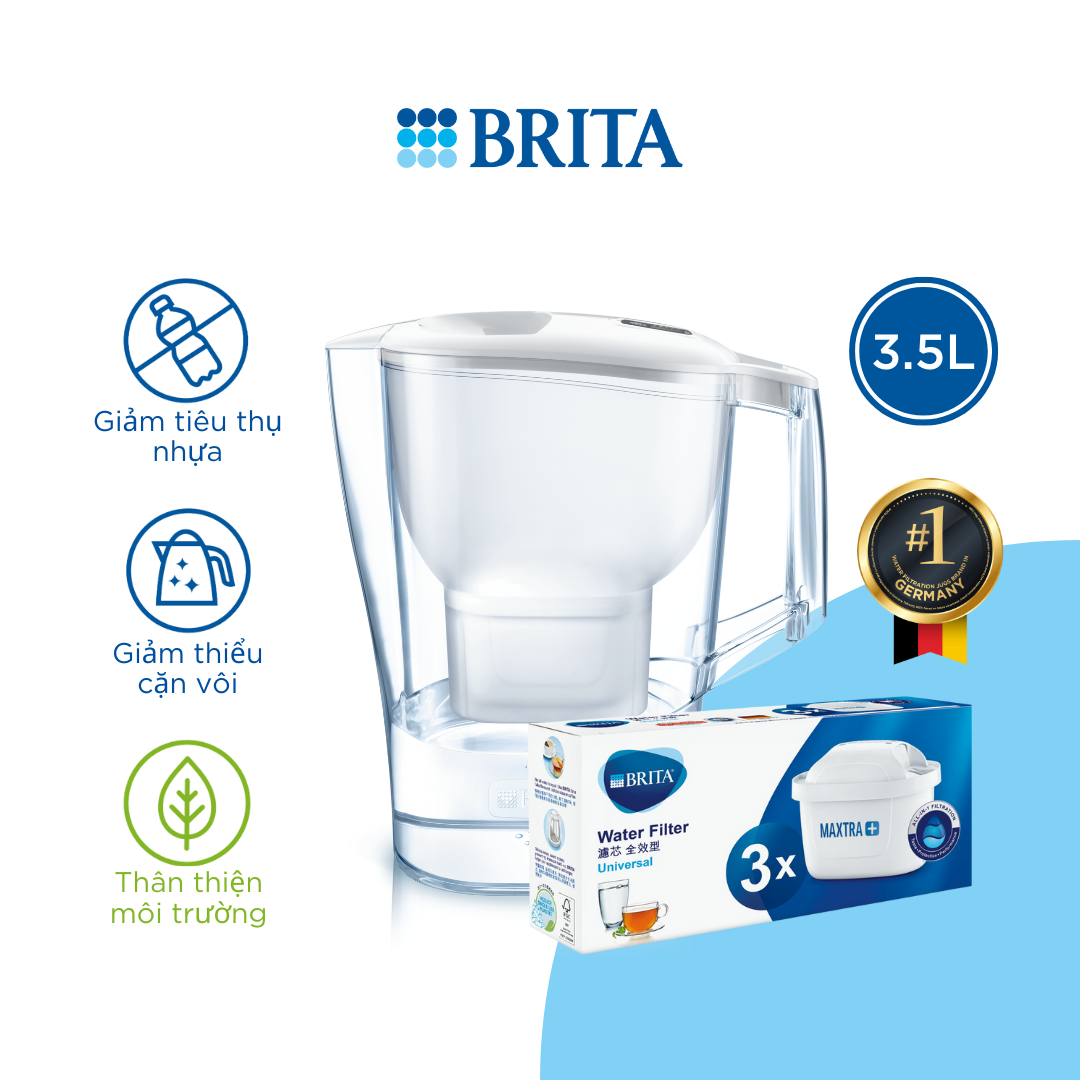 Combo Bình lọc nước BRITA Aluna XL White 3.5L kèm Hộp 3 lõi lọc BRITA Maxtra Plus - Hàng Chính Hãng