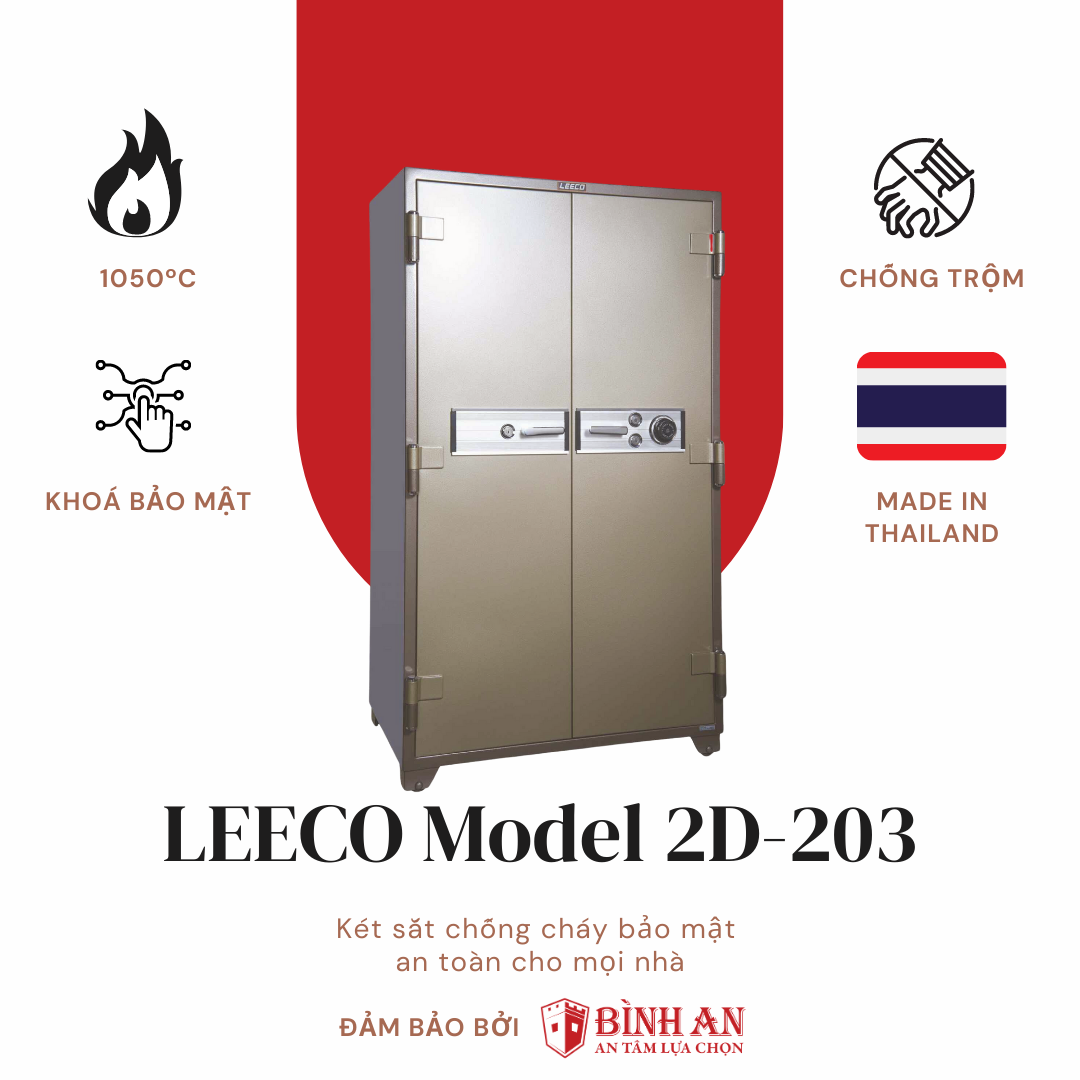 Két Sắt LEECO 2D-203 Nhập Khẩu Thái Lan Chống Cháy Chuẩn JIS 120 Phút Khoá Bảo Mật Cao Cấp Cho Gia Đình Và Văn Phòng - Hàng Chính Hãng