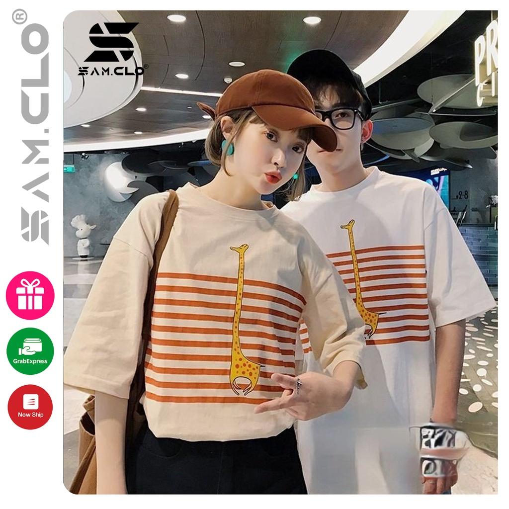 Áo thun tay lỡ nữ freesize phông form rộng dáng Unisex - Ulzzang mặc cặp, nhóm, lớp sọc in hình HƯƠU CAO CỔ