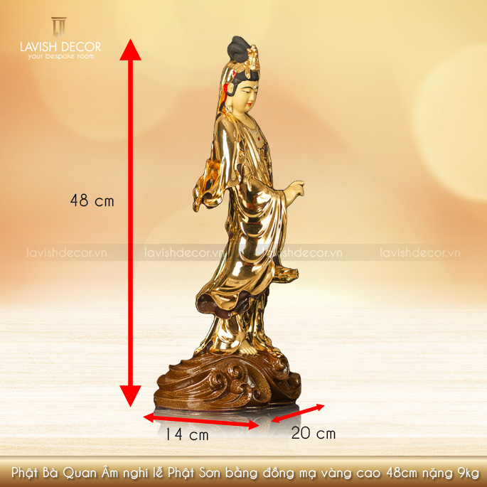 Phật Bà Quan Âm nghi lễ Phật Sơn bằng đồng mạ vàng cao 48cm nặng 8kg