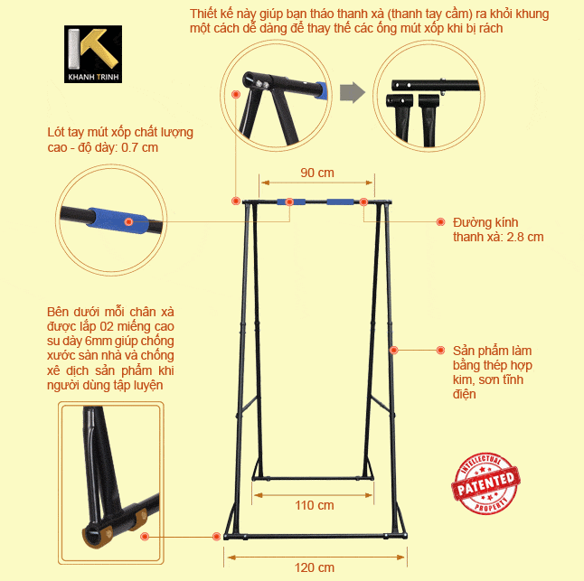 Xà Đơn Xếp Khánh Trình Dành Cho Người Cao Từ 1m40 - 1m80 Model KT1.1518 - Xà Đơn Tằng Chiều Cao- Xà Đơn Tập Stress Workout - Xà Đơn Hỗ Trợ Điều Trị Bệnh Xương Khớp - Thoái Hoá Cột Sống