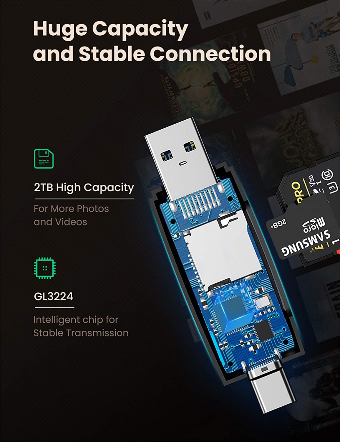 Đầu đọc thẻ nhớ SD,TF 2 trong 1 UGREEN 80191 USB-A và Type-C - Hàng nhập khẩu chính hãng