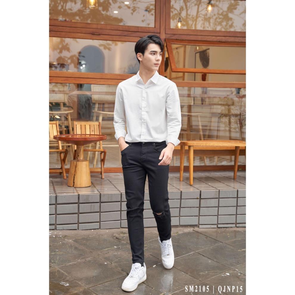 Quần jeans đen trơn rách gối phong cách hàn quốc, chất bò co giãn cao cấp, ống đứng dáng ôm skinny