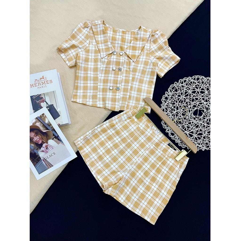 Set đồ bộ đi chơi nữ áo sơ mi croptop và quần short đùi caro chất vải mềm nhẹ thoáng mát