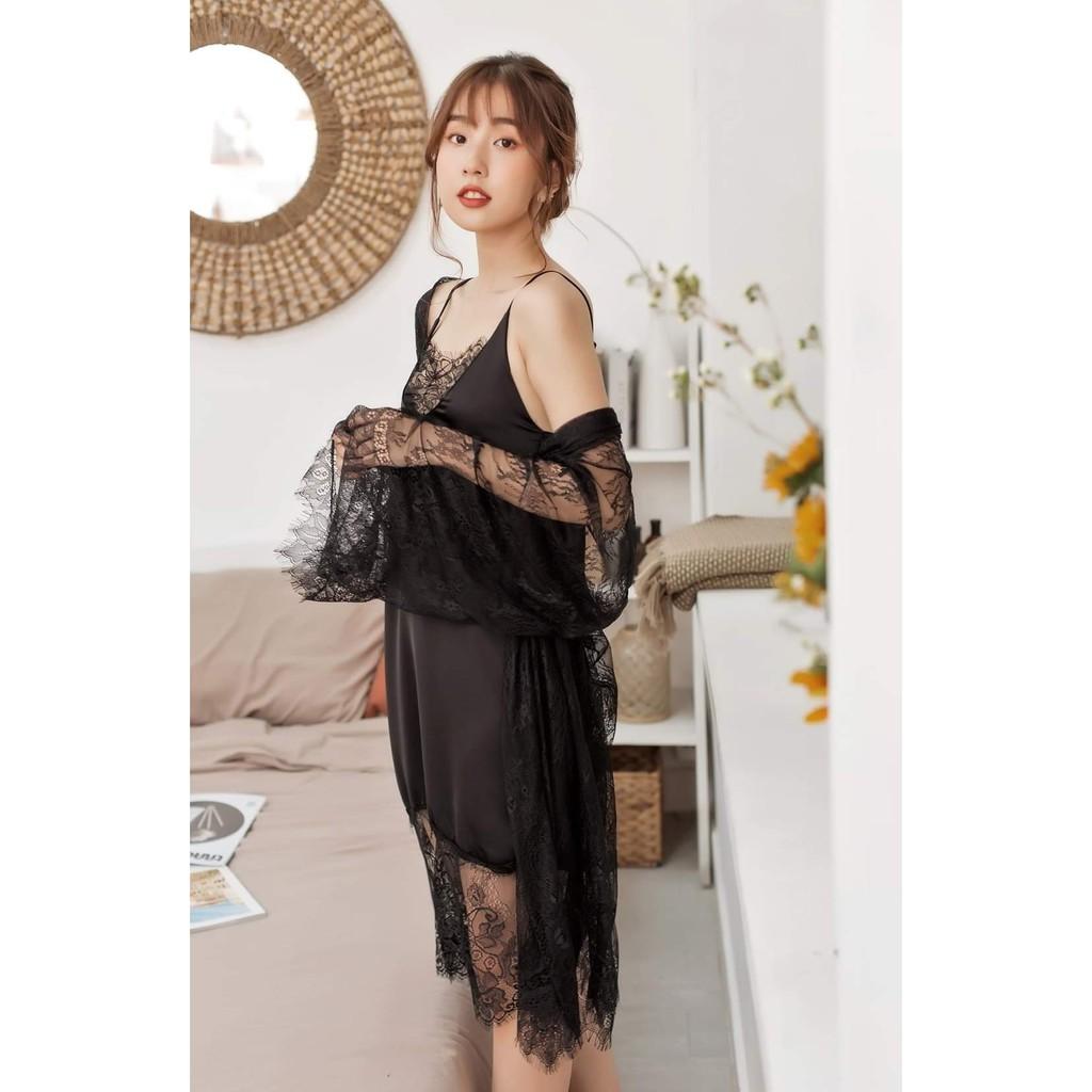 Váy ngủ lụa cao cấp phối ren mi bản to sang trọng ,sexy tặng kèm quần chip ren xinh xắn
