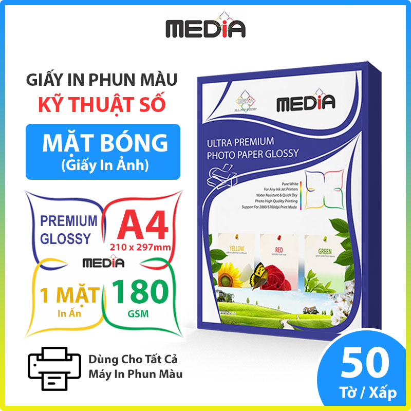 Giấy In Màu Kỹ Thuật Số MEDIA 1 Mặt Bóng (Glossy) Khổ A4 Định Lượng 180/210gsm 50 Tờ, Giấy In Ảnh Giấy In Phun Màu Tài Liệu - Hàng Chính Hãng