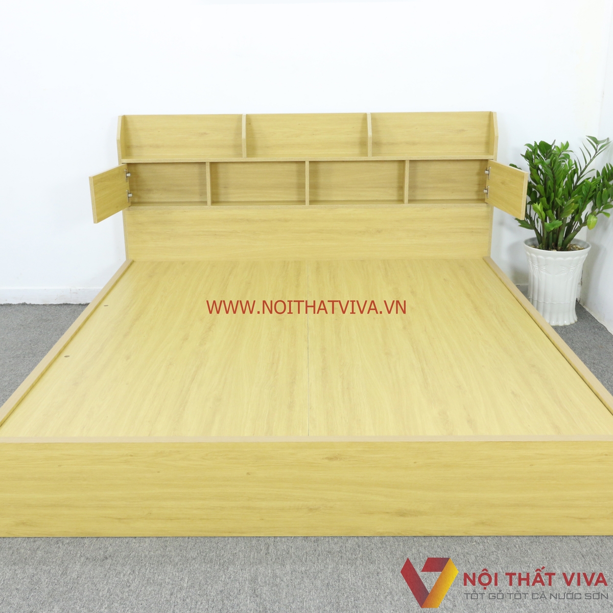 Giường Ngủ Gỗ Mdf Melamine Màu Vàng Có Kệ Trang Trí Đẹp Giá Rẻ
