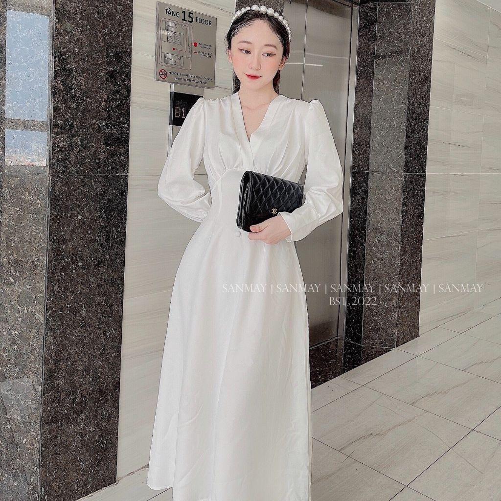 Đầm Cô Dâu Trắng SANMAY Váy Đi Dự Tiệc Cưới Tay Dài Đẹp Dáng Suông Maxi Cao Cấp Thiết Kế Sang Trọng Hàn Quốc VD034