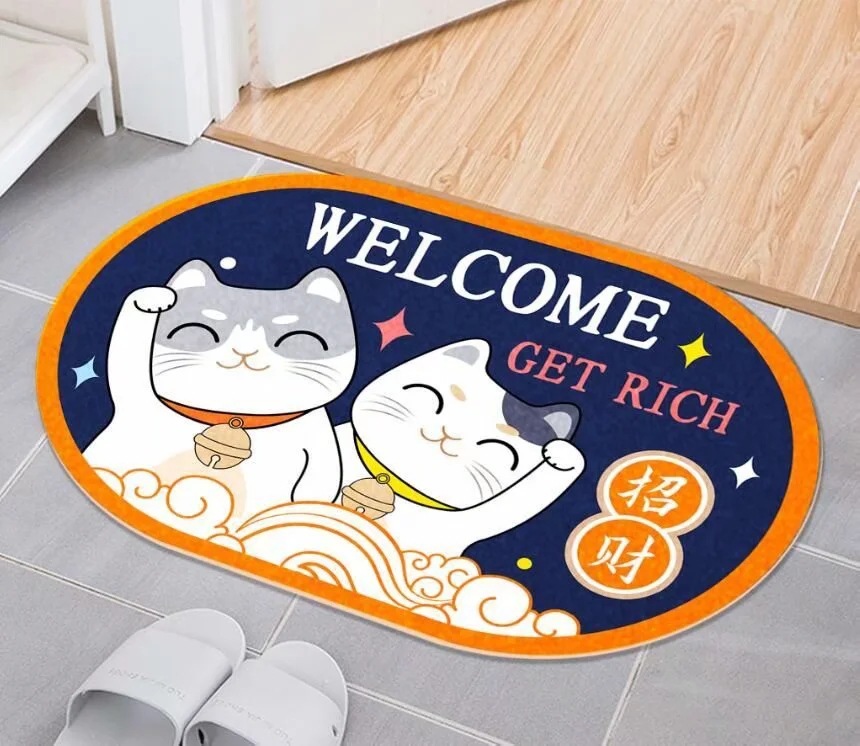 Thảm Nhà Bếp Mèo Thần Tài Vẫy Tay Maneki Neko Lau Chùi Chân Chống Trơn Trượt 50x80cm