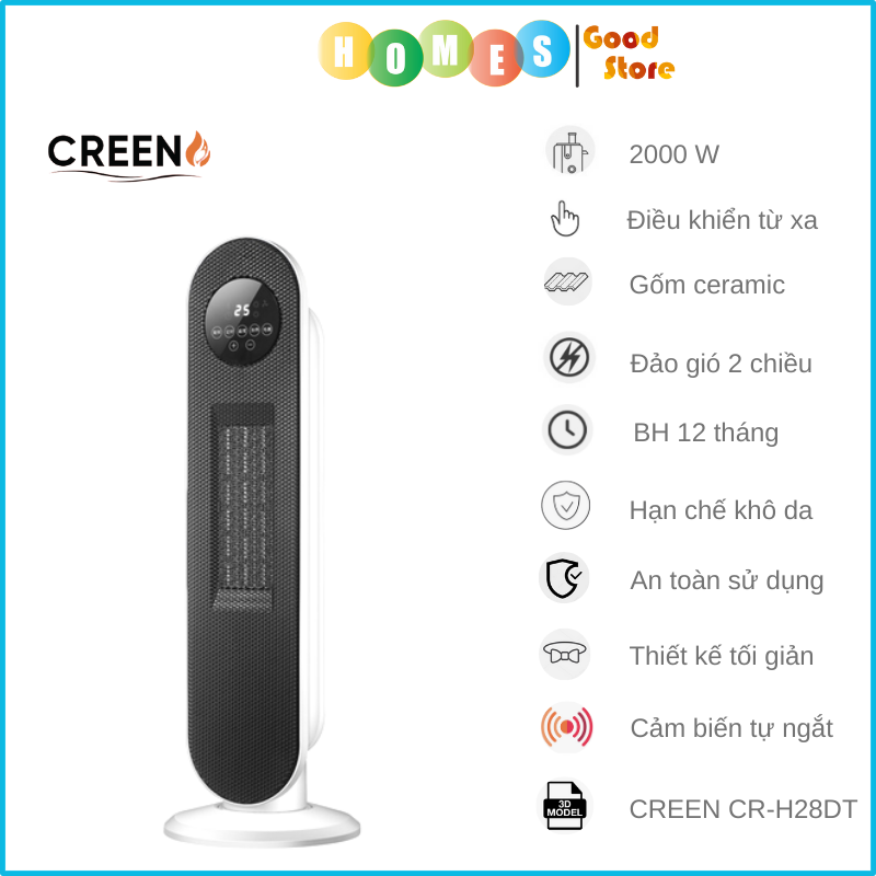 Máy Sưởi Điện Gốm Creen CR-H28DT Tiêu Chuẩn EU Không Làm Khô Da Gió Đảo 2 Chiều Điều Khiển Từ Xa Công Suất 2000W - Hàng Chính Hãng