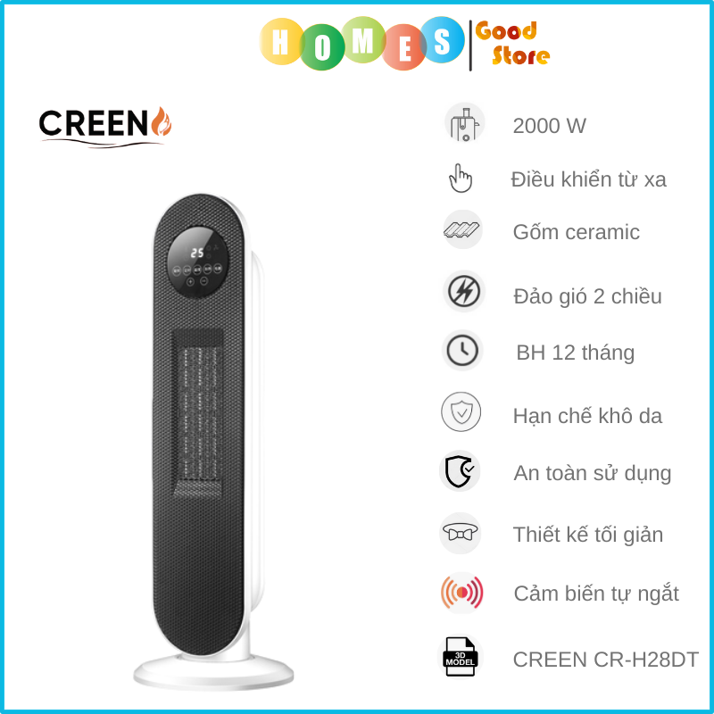 Máy Sưởi Điện Gốm CREEN CR-H28DT Tiêu Chuẩn EU Không Làm Khô Da Gió Đảo 2 Chiều, Điều Khiển Từ Xa Cảm Biến Tự Ngắt Khi Nghiêng Đổ Công Suất 2000W - Hàng Chính Hãng