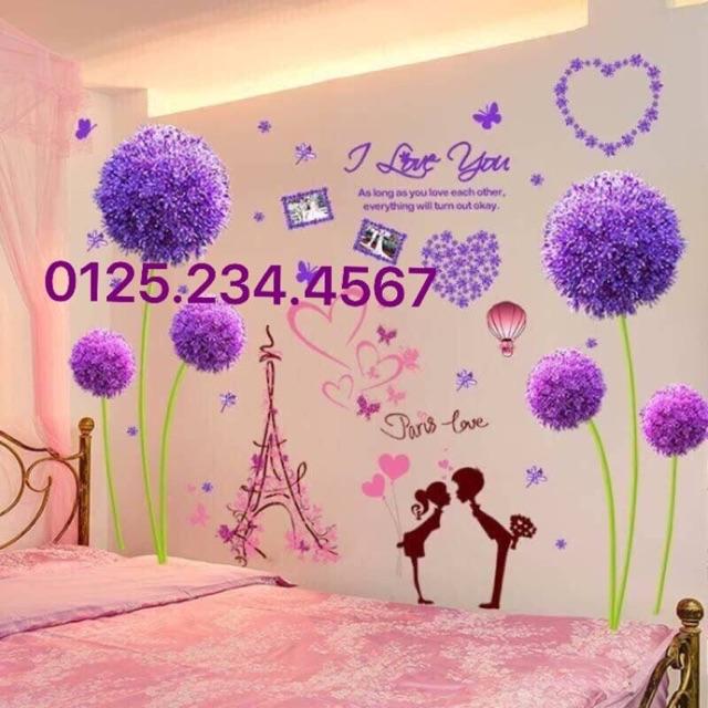 Decal dán tường Combo 3 tranh paris love +2 cẩm tú cầu