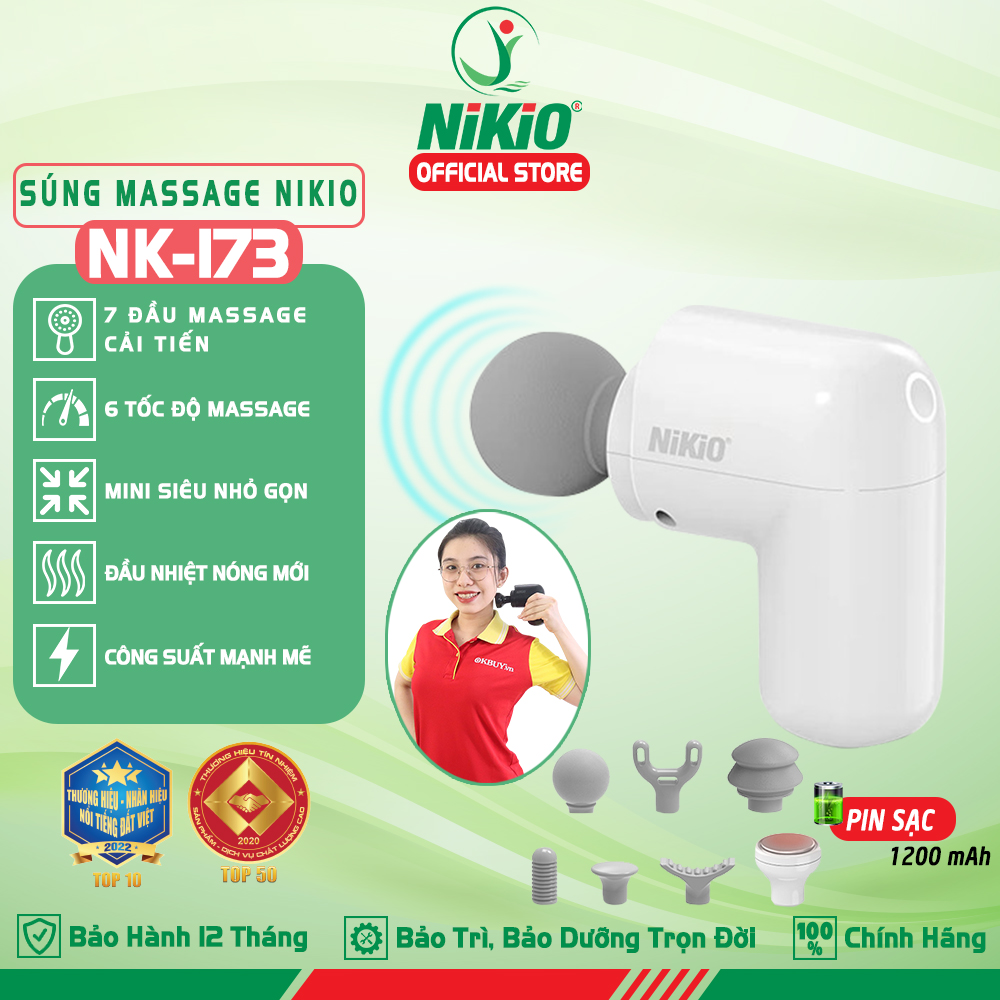 Súng Massage Cầm Tay Mini Nikio NK-173 - 6 Đầu Chuyên Dụng + 1 Đầu Nhiệt Nóng - Mát Xa Hỗ Trợ Giảm Đau Nhức Và Giãn Cơ Toàn Thân - Phù Hợp Mọi Đối Tượng, Siêu Nhỏ Gọn