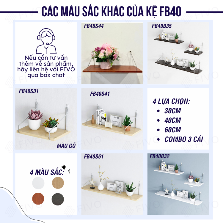 Kệ Trang Trí Treo Tường  Gỗ FIVO Mã FB40 Không Cần Khoan Tặng Kèm Đinh 4 Chân Chịu Lực Lên Đến 10KG Với Móc Treo Inox Dễ Dàng Gắn Lên Tường