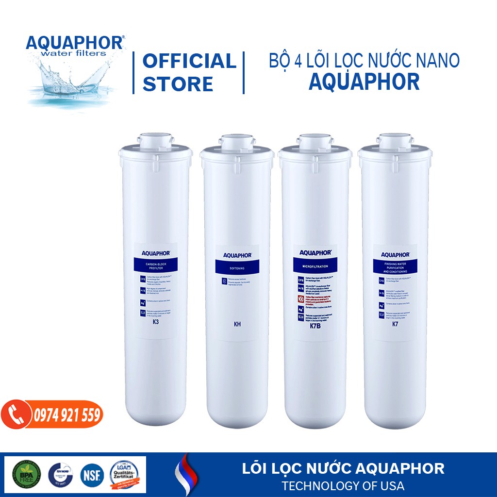 Bộ lõi lọc nước số 1234 lõi K3-KH-K7B-K7 máy bình lọc nước Aquaphor 4 cấp Aquaphor Crystal Eco H của Mỹ