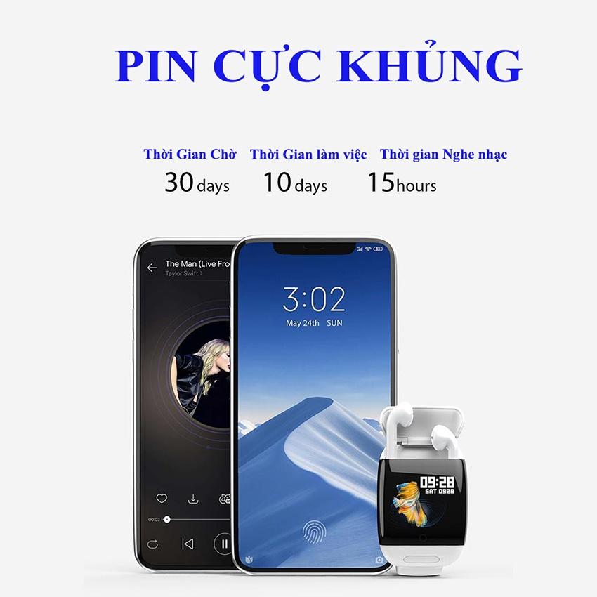 Đồng Hồ Thông Minh Kèm Tai Nghe Bluetooth 5.0 Hiện Đại Nghe Nhạc Gọi Điện Theo Dõi Sức Khỏe, Pin Cực khủng