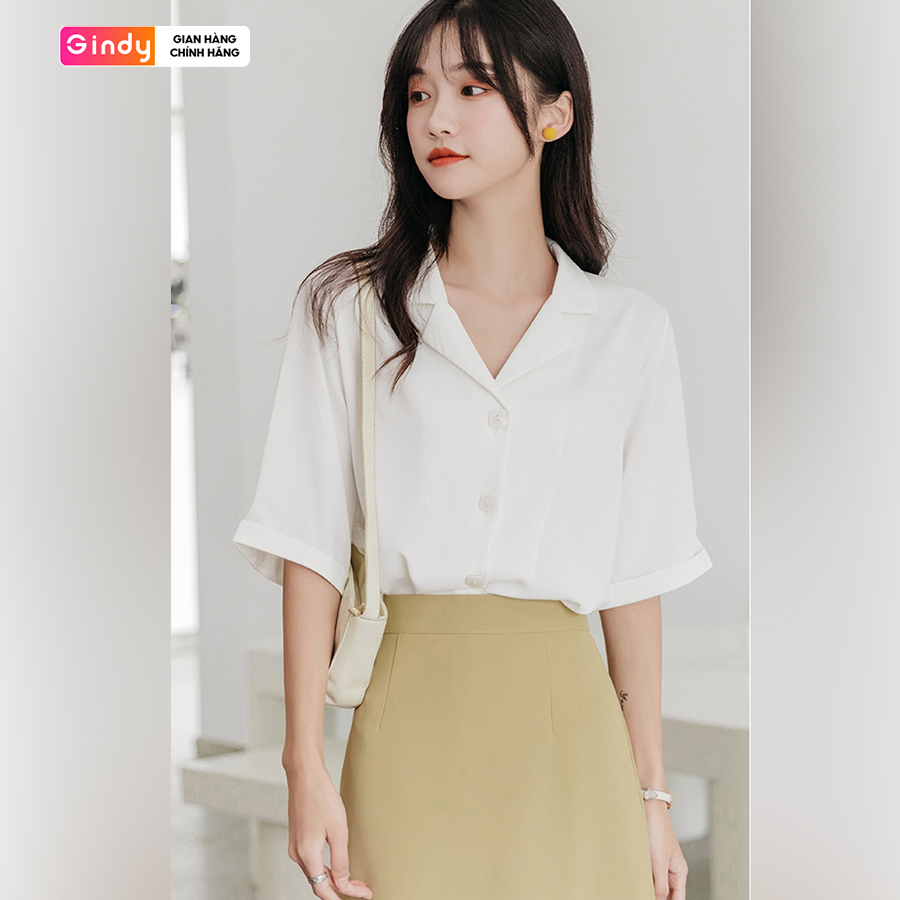 Áo sơ mi nữ tay ngắn đẹp cổ vest Hàn Quốc thời trang nữ công sở sinh viên cúc vuông GINDY A10114