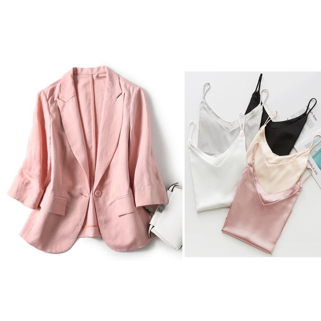 Combo Áo Blazer Linen Hồng Pastel Tay Lỡ Hàn Quốc Cao Cấp + Áo Dây