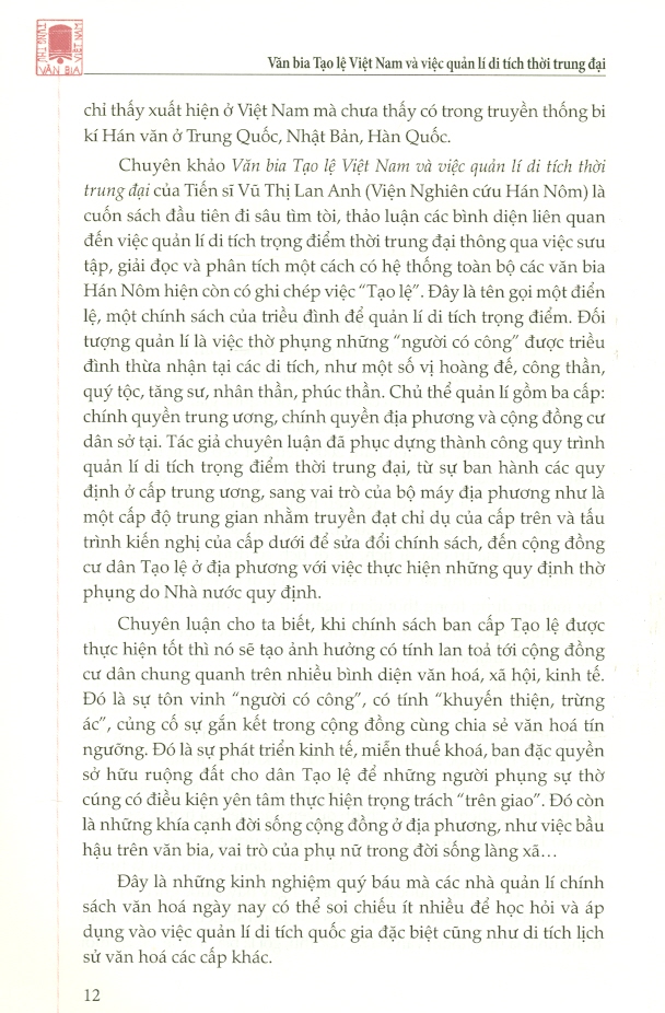 Văn Bia Tạo Lệ Việt Nam Và Việc Quản Lý Di Tích Thời Trung Đại (Bìa Cứng)