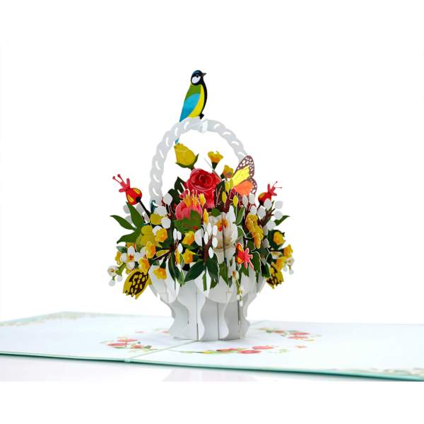 Thiệp 3D Pop Up Giỏ Hoa &amp; Chim – Thiệp Hoa Chúc Mừng, Sinh Nhật, Tri Ân, Độc Đáo, F18