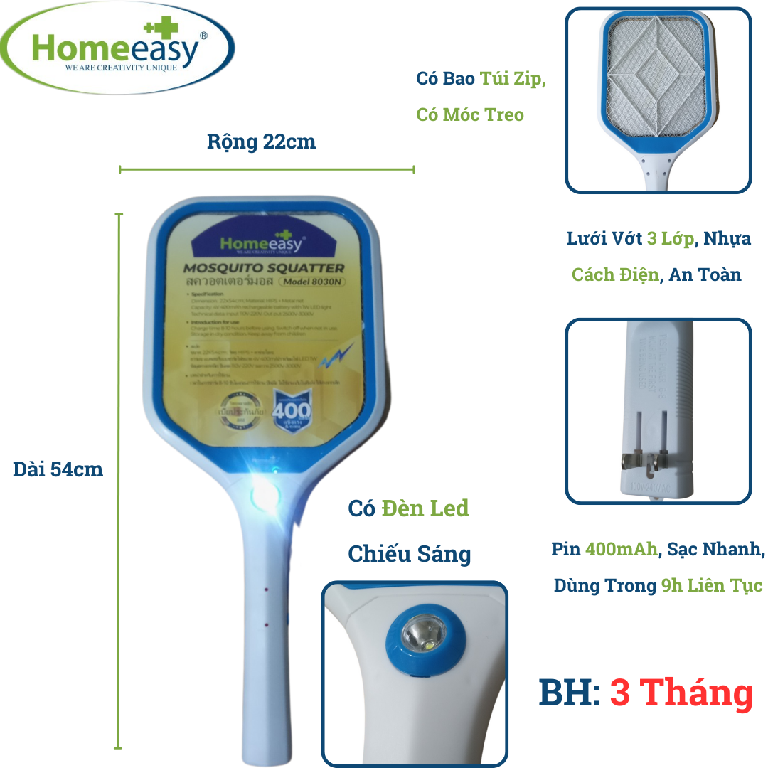 Vợt Muỗi Homeeasy 8030N - Có Đèn Led Hỗ Trợ, Bộ Sạc Đi Kèm
