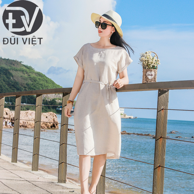 Hình ảnh Váy linen cổ V- Đầm midi linen suông Đũi Việt [ đi biển + đi làm + đi dạo+ chất linen ]