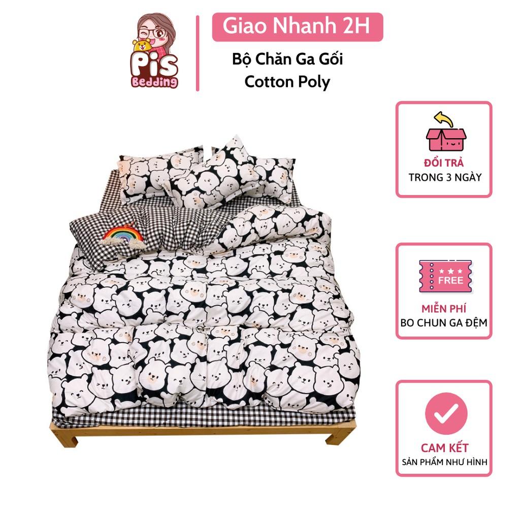 Bộ Chăn Ga Gối Cotton Poly Gấu Trắng Caro Đen