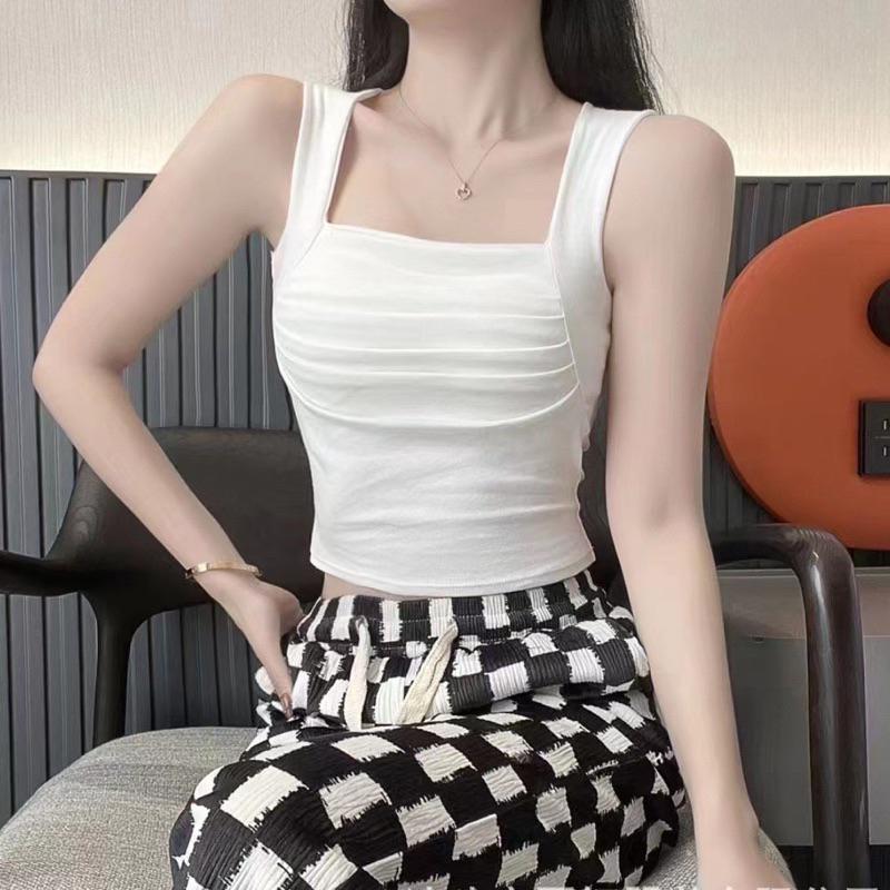 Áo thun nữ cổ vuông nhún trước ngực có đệm ngực dáng ngắn croptop mùa hè 2023