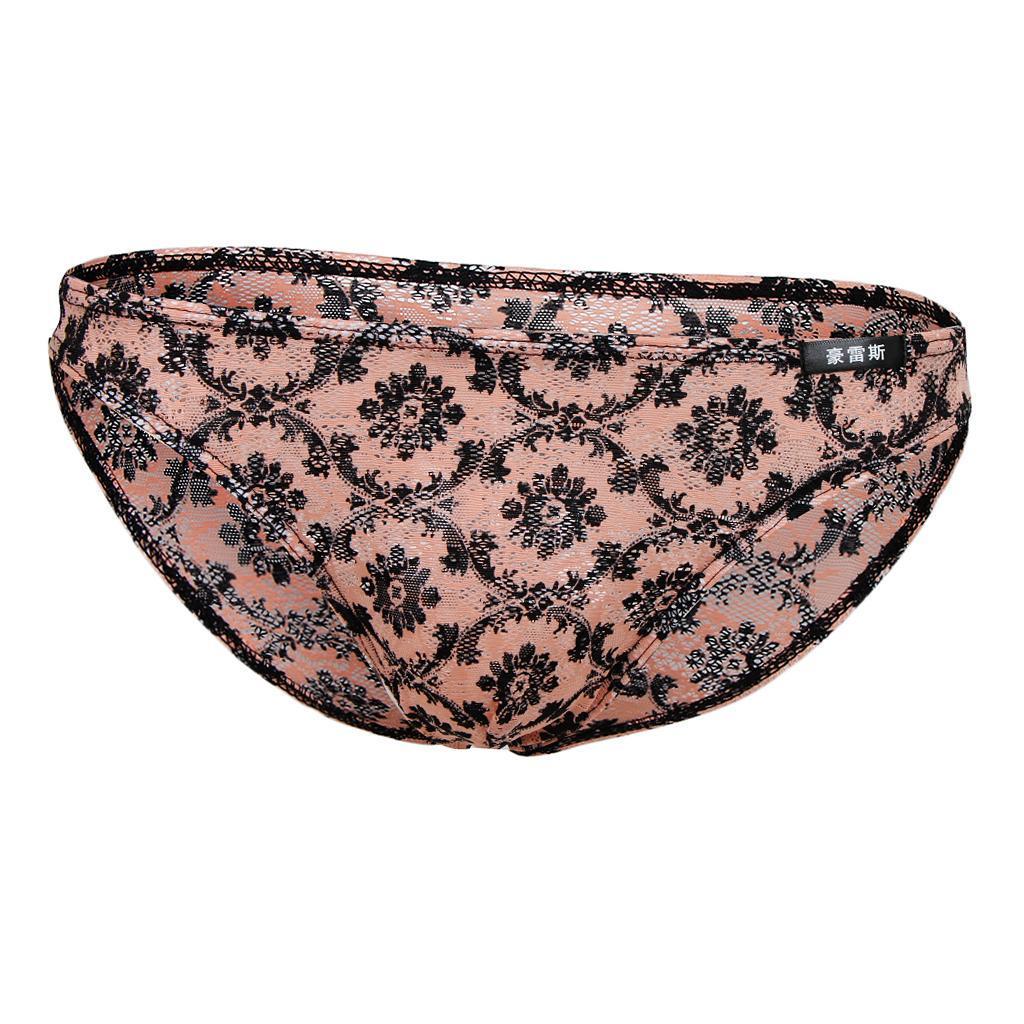 Men's Sissy Sheer Lace Briefs Floral Geometric Patterns Underwear - Orange, L