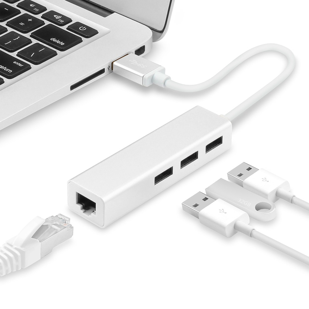 Cáp chuyển đổi USB-C/Type-C sang Lan  RJ45 cho laptop, Macbook, điện thoại hỗ trợ 3 cổng USB - Hàng nhập khẩu