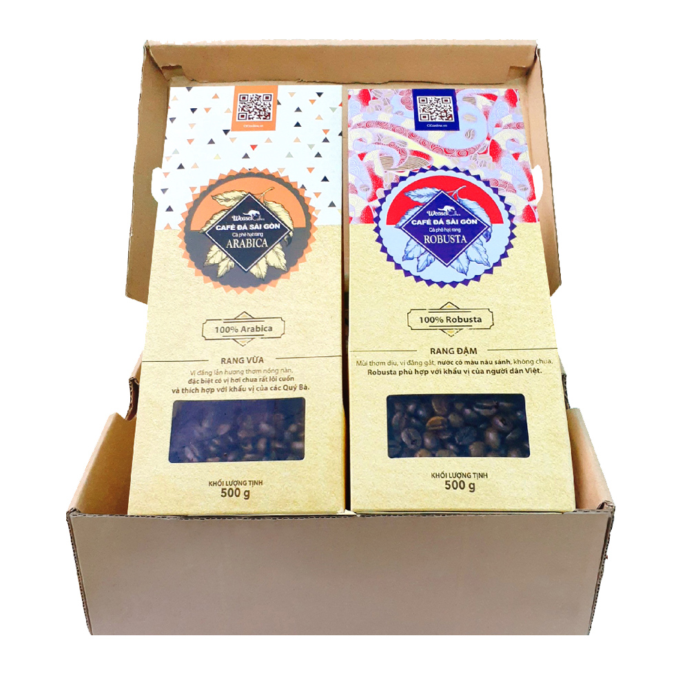 Hộp quà cà phê hạt rang - 500g Robusta và 500g Arabica