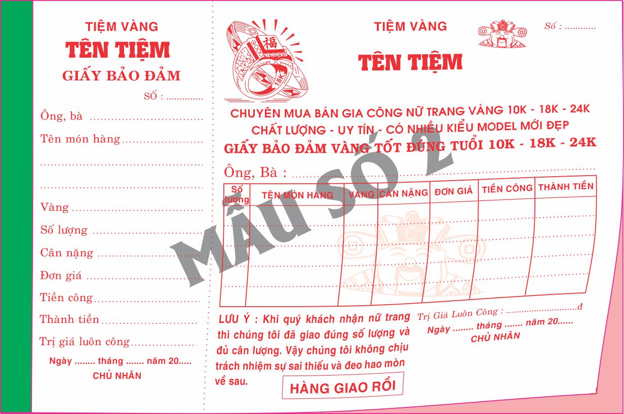 Giấy bảo đảm tiệm vàng 2 liên-block 10-chọn mẫu in tên