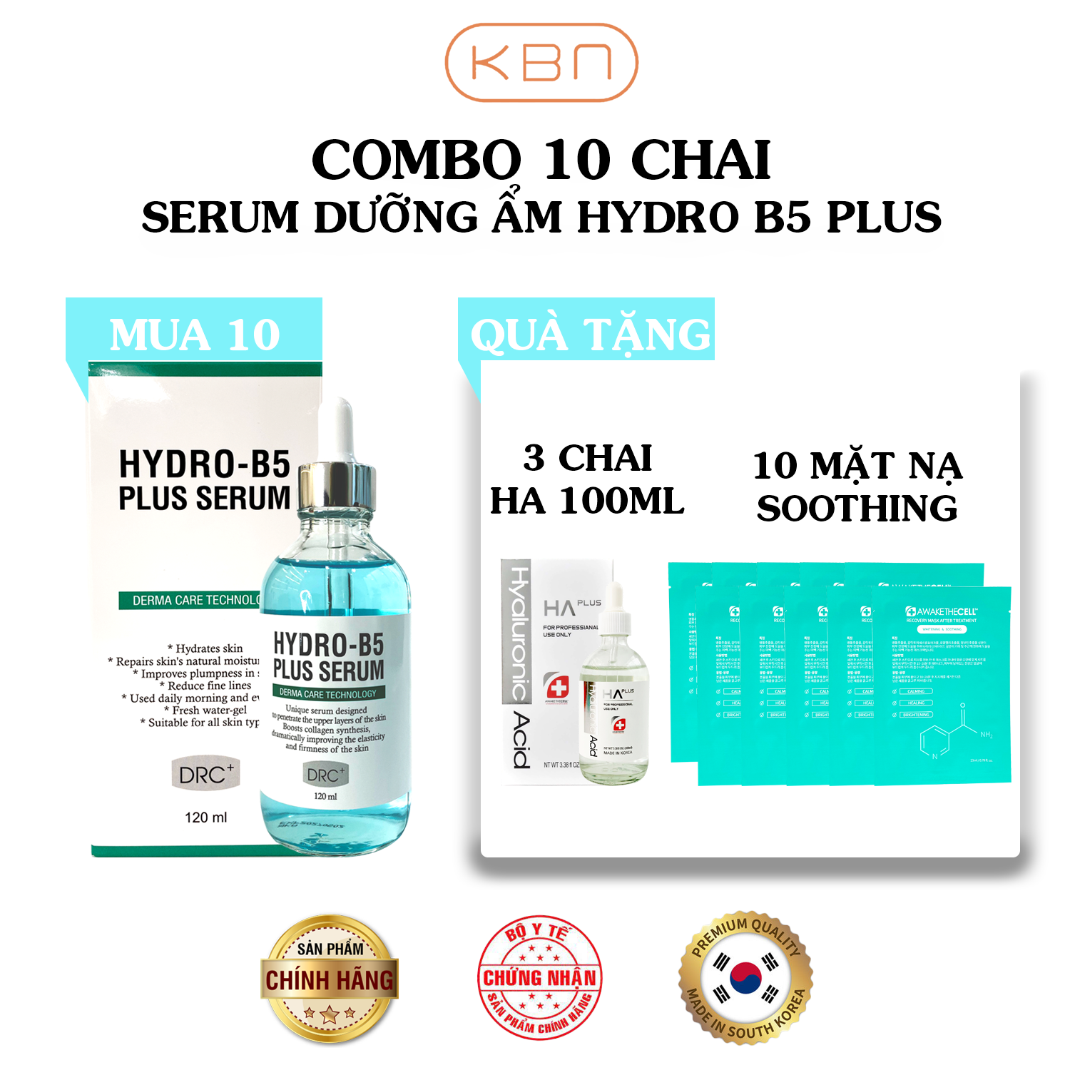 Combo 10 Sản Phẩm Serum Dưỡng Ẩm Hydro B5 Plus -120ml + Tặng 3 Serum HA Plus - 100ml + Tặng 10 Mặt Nạ Soothing