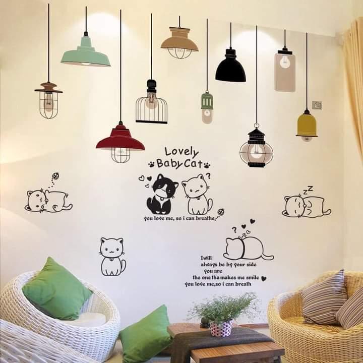 DECAL DÁN TƯỜNG CHÙM ĐÈN LIGHT VÀ ĐÀN MÈO
