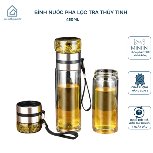 Bình Pha Trà Thuỷ Tinh 2 Lớp Cách Nhiệt Có Lõi Lọc Inox Chịu Nhiệt Cao Dung Tích 450ml Cầm Tay Tiện Lợi - HÀNG CHÍNH HÃNG MININ