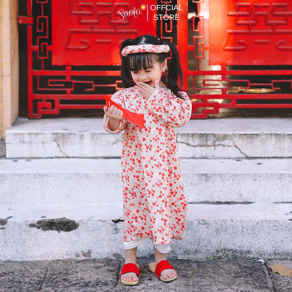 Áo Dài Tết Cách Tân Cho Bé Gái Hoạ Tiết Hoa Nhí [Tặng Kèm Mấn] - Áo Dài &quot;An&quot; - AD006 - SAOLA KIDS CLOTHING