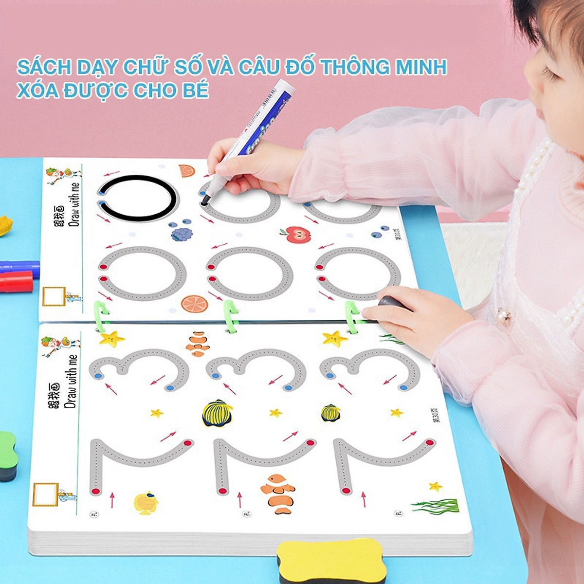 Đồ Chơi Trẻ Em, Học Liệu Montessori, Sách Viết Xoá Được 64 Trang Tặng Kèm 6 Bút, Asstar Đồ Chơi Giáo Dục Cho Bé