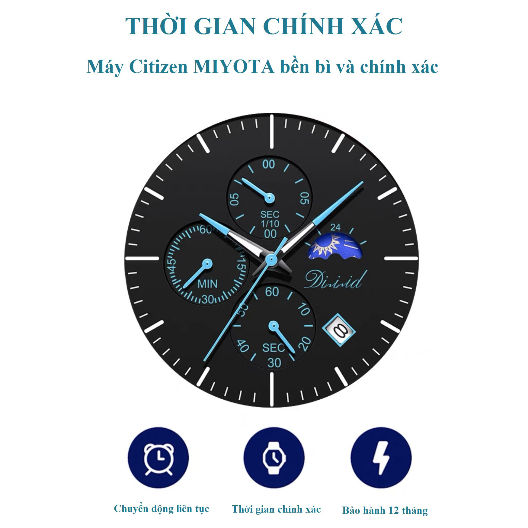 Đồng hồ nam DIZIZID chính hãng chống nước tốt - Dây thép lụa đen - Chạy full 5 kim - Thiết kế nam tính - Kim dạ quang cao cấp DZ69