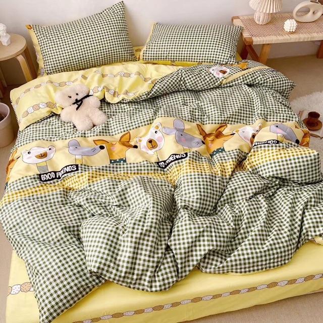 Set Cotton living Hàng Nhập Khẩu Cao Cấp 4 Món Muôn Thú Kẻ Vàng Xanh