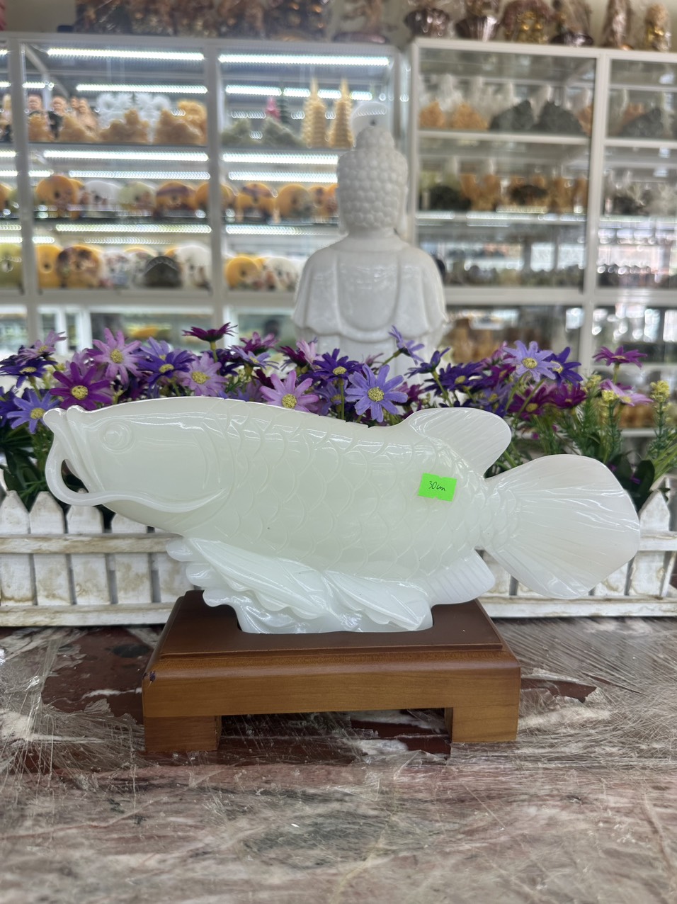 Tượng cá Rồng Kim Long, cá phong thủy tài lộc đá bạch ngọc - Dài 30 cm