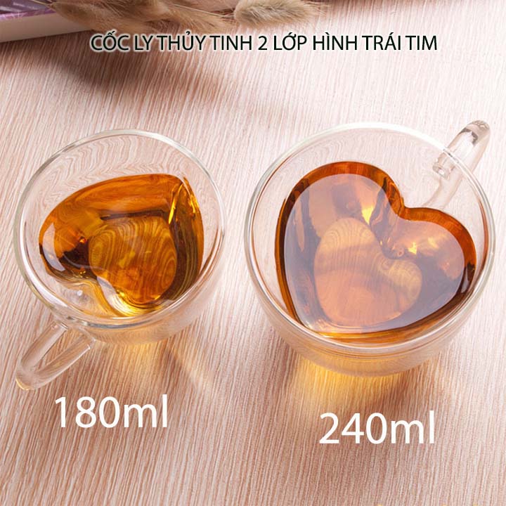 Cốc thủy tinh 2 lớp hình trái tim, dùng uống cà phê, trà, sữa, loại 180ml-240ml tùy chọn