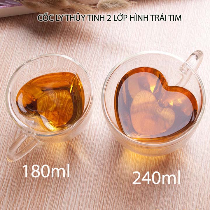 Ly thủy tinh 2 lớp hình trái tim, dùng uống cà phê, trà, sữa, loại 180ml-240ml tùy chọn