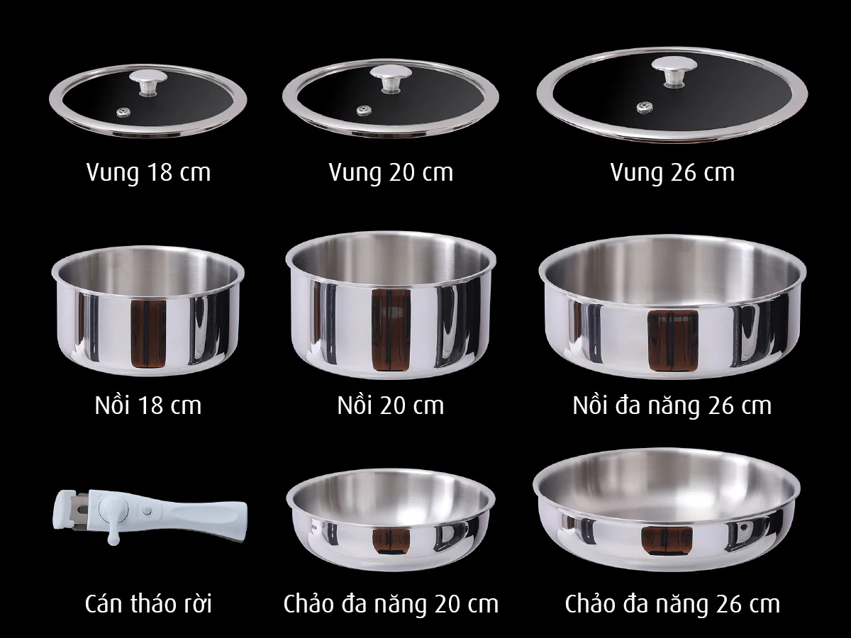 Bộ Nồi Chảo Inox Cán Rời 9 Món Không chống dính – Giải pháp nấu ăn đa năng cho gia đình.